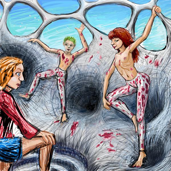 Tween kids dance on weird funnel-mouths. Dream sketch by Wayan. Click to enlarge.