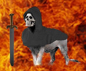 Satanic lion met in a nightmare: gray body, skull face, with cloak and sword