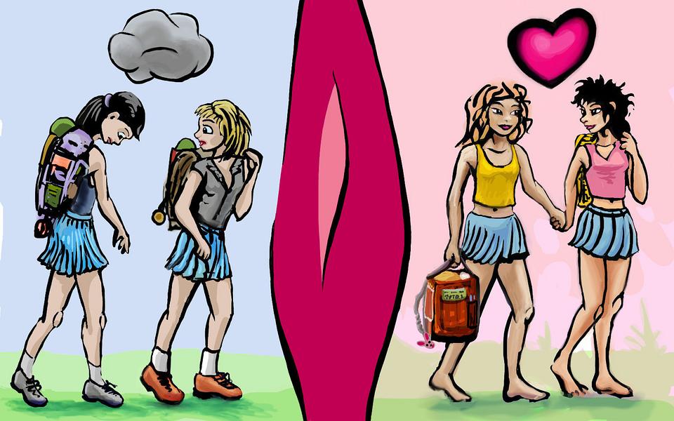 Tired schoolgirls go in; happy girls come out. Dream sketch by Wayan. Click to enlarge.