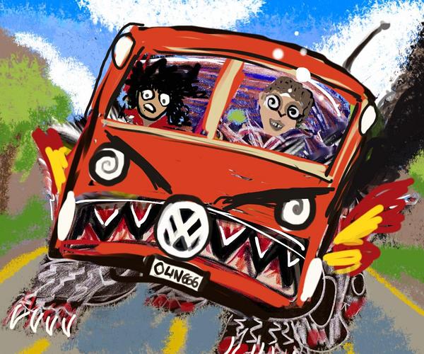 Crazed driver in a red hippie bus. Dream sketch by Wayan. Click to enlarge.