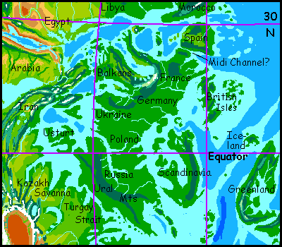 Map of Europe on Seapole, a climatologically alternate Earth.