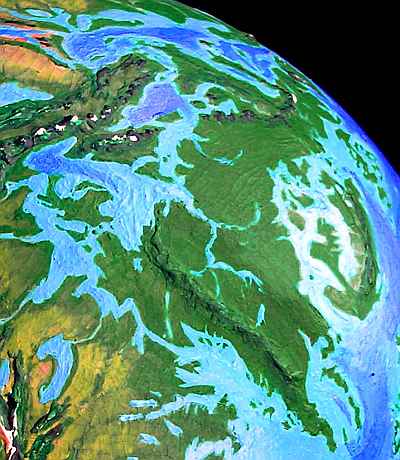 Orbital view of Seapole, a climatologically alternate Earth: lush tropical Europe; the Turgay Channel, dividing it from Asia, in foreground.