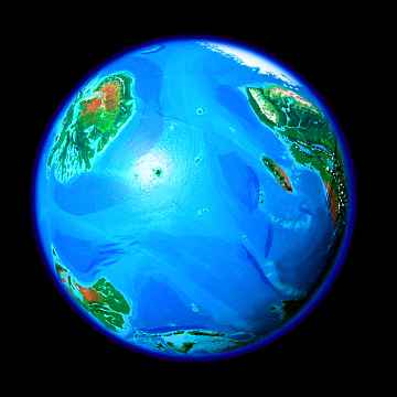 Orbital view of Seapole, a climatologically alternate Earth. Indian Ocean with ice-free Antarctica. Click to enlarge.