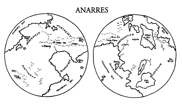 Anarres, the anarchist moon in 'The Dispossessed'. Map by Ursula Le Guin; click to enlarge.