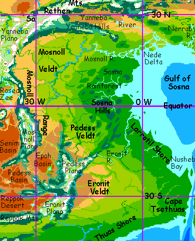 The equatorial Sosna Gulf on Serrana, an experimental planet-model, a hybrid of Earth and Mars