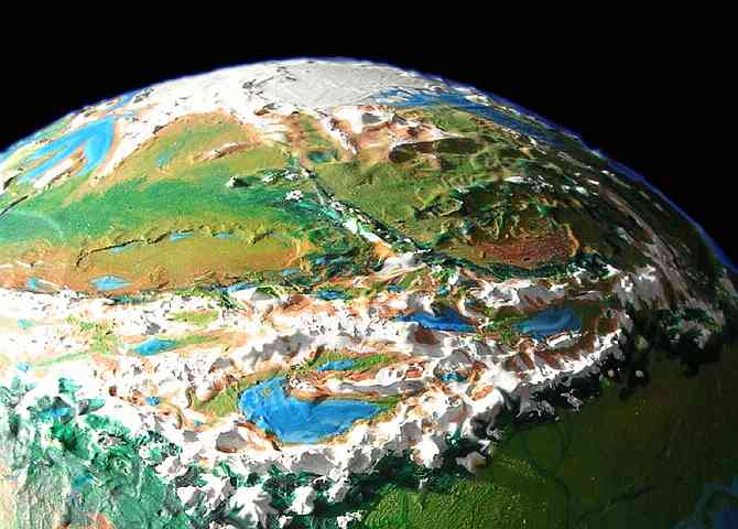 Orbital photo of the Sa Rethen Mts, Rakach Plateau and northern tundra of Serrana, an experimental planet-model mixing Terran and Martian features.  Click to enlarge.