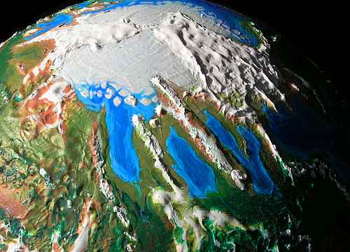 Orbital photo of the north polar region of Serrana, an experimental planet-model mixing Terran and Martian features. Small seas separate two Greenlandic ice caps ringed by tundra and boreal forest.