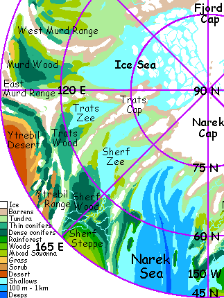 The Ice, Trats, Sherf and northern Narek Seas--small inland seas on Serrana, an experimental climatological hybrid of Earth and Mars.