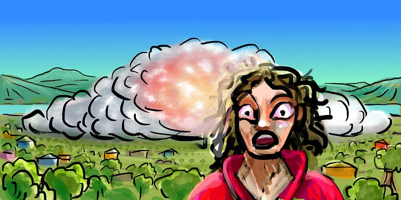 Explosion on the Bay Area mudflats. Shockwave and cloud about to hit me. Dream sketch by Wayan. Click to enlarge.