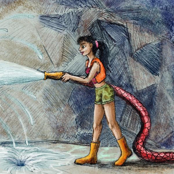 My anima Silky cleans the underworld with a firehose. Dream sketch by Wayan. Click to enlarge.