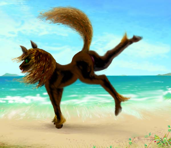 my anima or tutelary spirit, Silky, in the form of a black mare, kicking her heels up at the beach