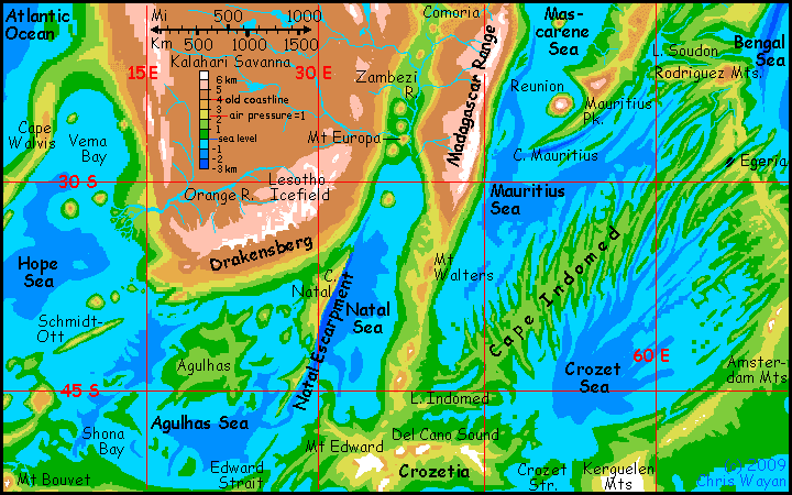 Map of the central African Ocean Basin on Siphonia, a study of the Earth with 90% of its water drained away.