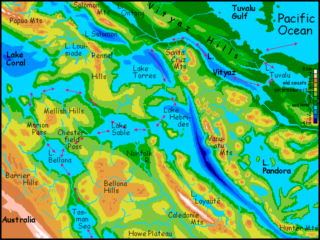 Map of the trade-routes through the lakes almost connecting the Australian and Pacific Oceans, on Siphonia, a study of the Earth with 90% of its water drained away. Click for wordless version.