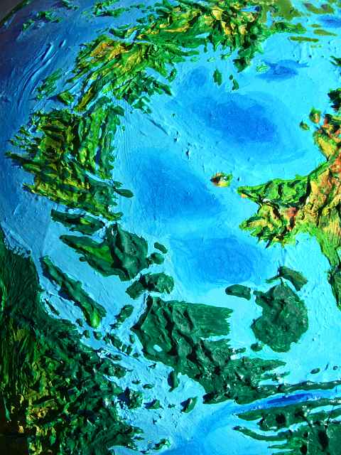 Orbital photo of the northern Atlantic Basin on Siphonia, a study of the Earth with 90% of its water drained away.