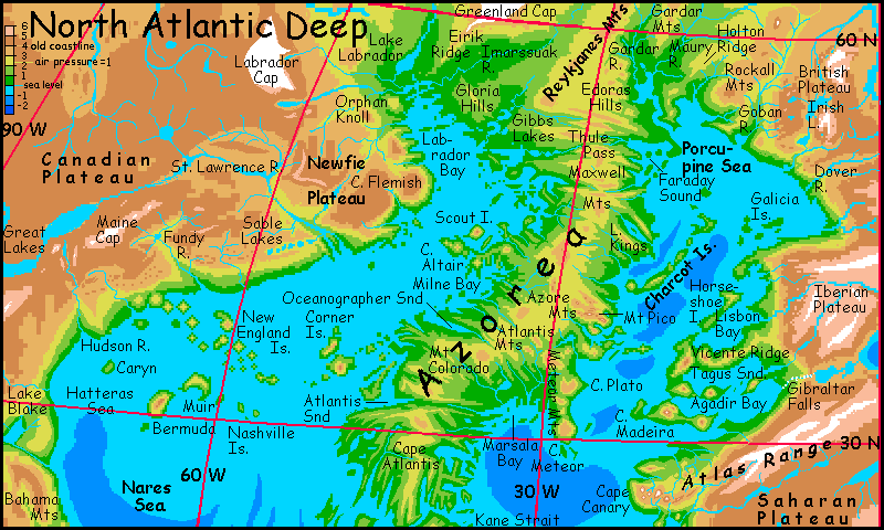 Map of North Atlantic Basins on Siphonia, a study of the Earth with 90% of its water drained away.