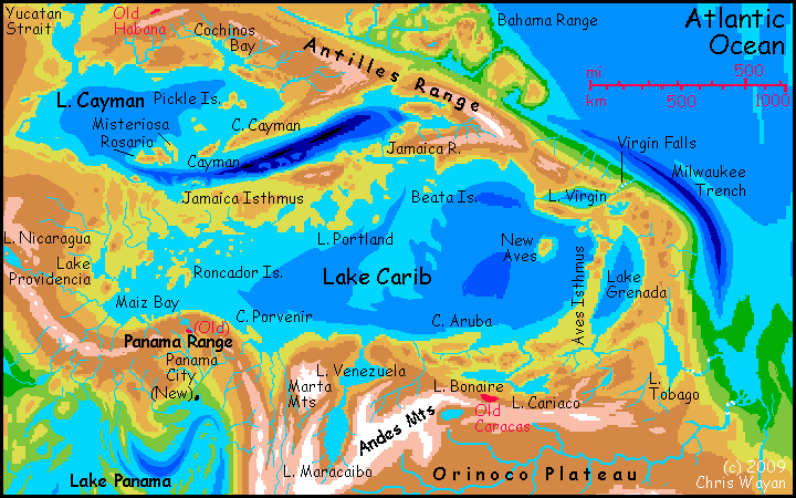 Map of the Caribbean region with 90% of Earth's water removed. Surprisingly similar, over all. The Caribbean is now a freshwater lake.