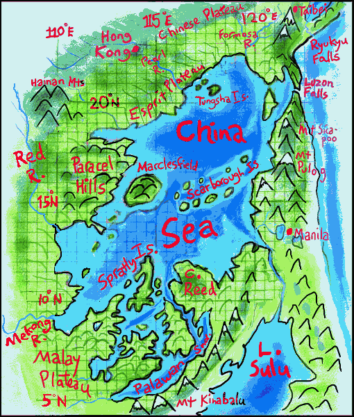 Sketch map by Chris Wayan of the China Sea (not South or East; there's only one now) on Siphonia, a study of Earth with 90% of its water siphoned off.