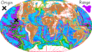 Distribution map of an intelligent species called gliderwolves, native to Siphonia, an alternate Earth with 90% of its water removed.