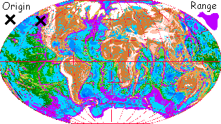 Distribution map of an intelligent species called AAAA native to Siphonia, an alternate Earth with 90% of its water removed.