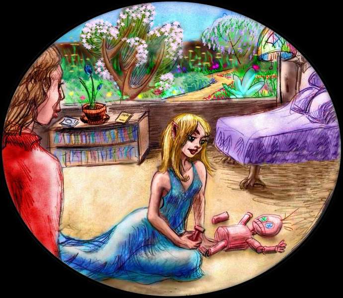 Dream: An elf-woman assembles a monkeyish doll on the floor, while I watch, paralyzed by a spell. Click to enlarge.