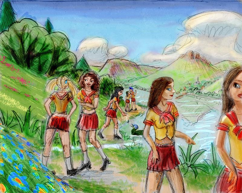 Girls in high school uniforms walk along a lakeshore. Dream sketch by Wayan. Click to enlarge.