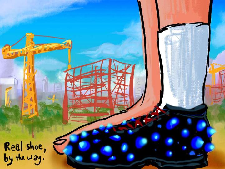 One bare foot, one shod--shoe has blue & purple warts. Construction in background. Dream sketch by Wayan. Click to enlarge.