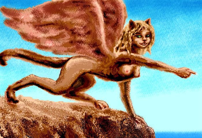 Beautiful sphinx on a cliff-edge, leading me onward; sepiatone on blue background.