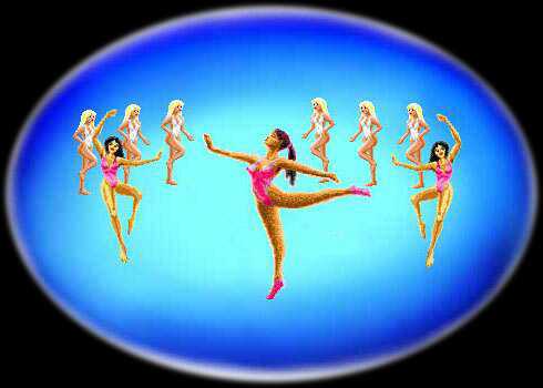 9 ballerinas on a blue stage.