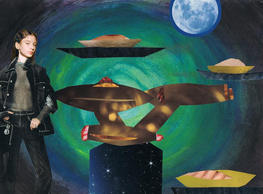 Dark room; plates of orange food around a model starship. Dream collage by Wayan. Click to enlarge.
