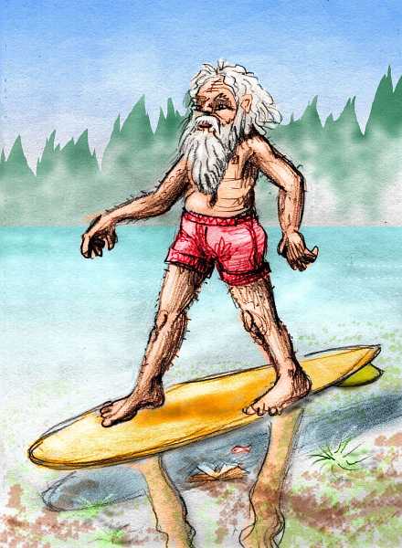 Bearded old man surfs impossibly on the still, glassy face of a lake. Sketch of a dream by Wayan