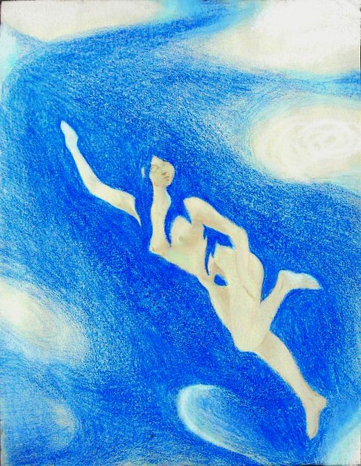 Swimmer whose hair blends with water. Dream-sketch (crayon) by Wayan; click to enlarge.