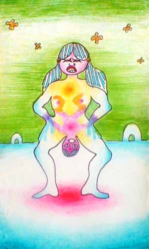 Tarot card: The Empress. Birth! An Inuit woman gives birth under an eerie green sky