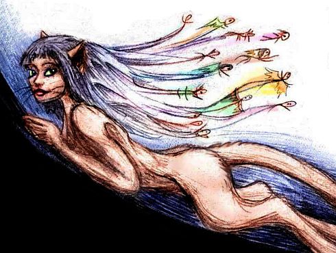 Tehura the sphinx in profile with hair frizzing into tiny figures. Dream sketch by Wayan; click to enlarge.