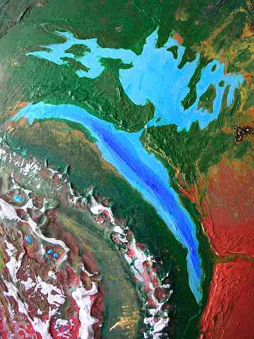 Orbital photo of the Gathol Sea, Sharoo Falls and Lake Sharoo in the Chanath Trench, eastern Barsoom Basin, an equatorial region of seas and rainforests--the wettest area on Tharn, a dry, rather Martian world-model.