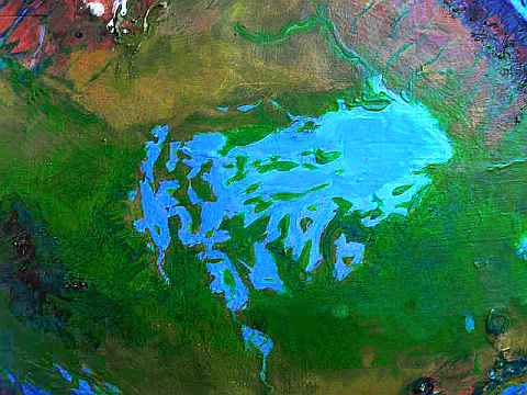 Orbital photo of the Waroon Sea, one of four shallow seas making the Barsoom Basin the wettest area on Tharn, a dry, rather Martian world-model.