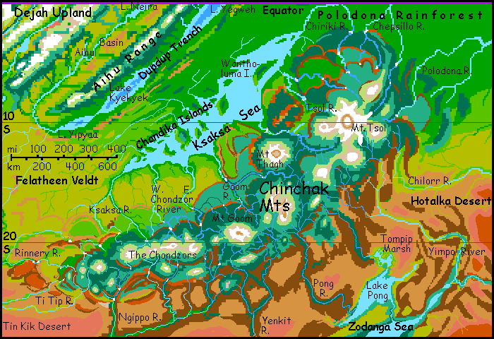 Map of the Chinchak Range, a shield-volcano chain on Tharn, a mostly dry Marslike world-model.