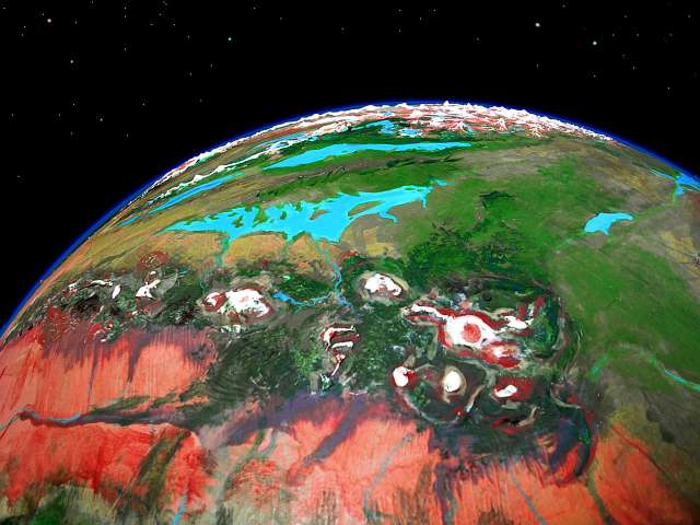 Orbital photo of the southern deserts, the Chinchak Range, and Polodona Rainforest on Tharn, a mostly dry Marslike world-model. Click to enlarge.