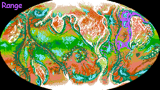 Distribution map of an intelligent species called elaffes, native to Tharn, a dry thin-aired world