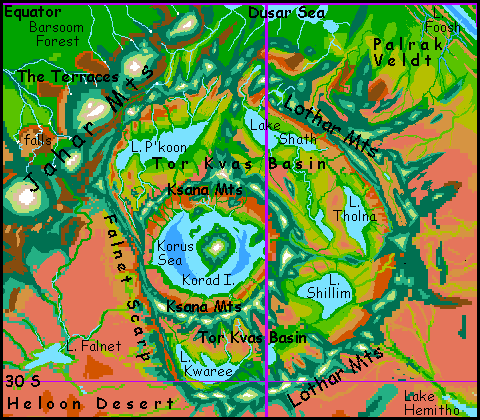 Map of the lakes and seas filling huge Heloon Impact Basin on Tharn, a dry, rather Martian world-model.