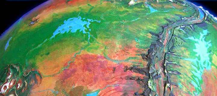 Low orbital photo of the equatorial Kaol Sea, Polodona Forest, and Thurian Rift, on Tharn, a dry rather Martian world-model. Click to enlarge.