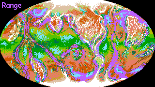 Distribution map of an intelligent species called mops, native to Tharn, a dry thin-aired world