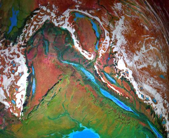 Orbital photo of the arc basins of northern Otz Trench, on Tharn, a rather dry, Martian world-model.