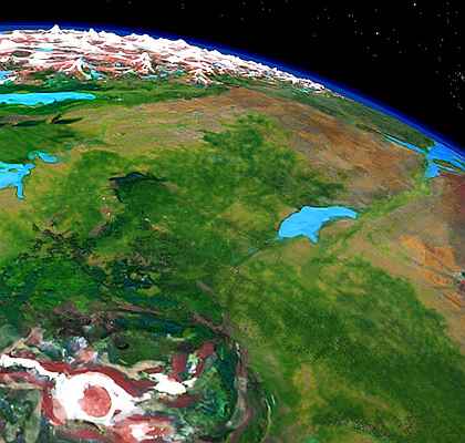 Low orbital photo of Mt Tsol in the Chinchak Range, Polodona Forest, Lake Chepsillo, and the Artolian Chaos on Tharn, a dry rather Martian world-model. Click to enlarge.