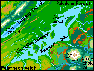 Map of the long, narrow Ksaksa Sea and its many islands, on Tharn, a mostly dry Marslike world-model.