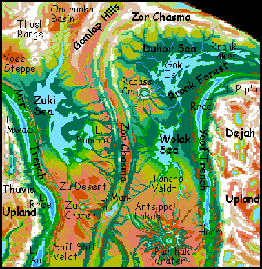 The northern Zor Chasma region, including the Duhor, Wolak and Zuki Seas, on Tharn, a dry, rather Martian world-model