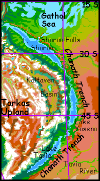 Map of the Tarkas Upland and the Ghasta Sea, on Tharn, a dry, rather Martian world-model.