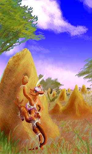 Sketch of a kangaroo-like bo tending a domestic termite-mound near the edge of Polodona Wood on Tharn, a mostly dry Marslike world-model.