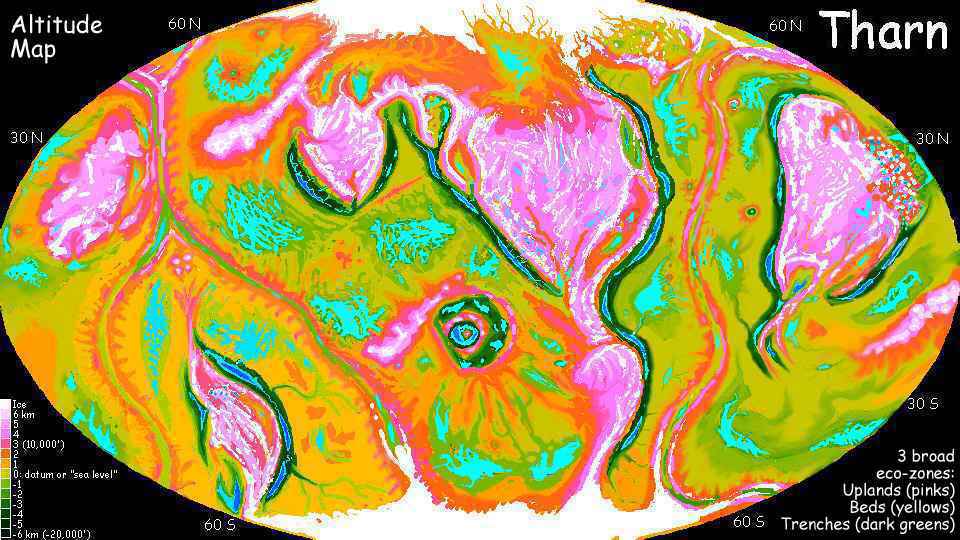 Altitude map of Tharn: about 1% trenches and deep impact basins, 25% uplands, and 75% mid-level plains. Tharn is a dry, rather Martian world-building experiment.