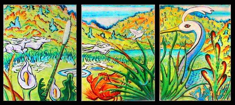 triptych in semi-Japanese style of a marsh and hills with three horses, two herons, one carp.  Click to enlarge.