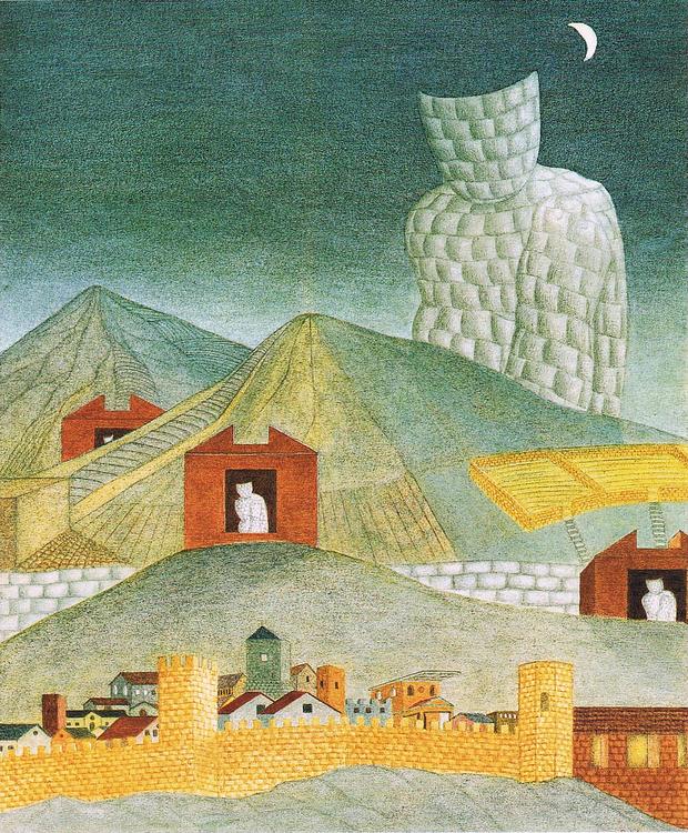 'Threatened City', a 1978 dream watercolor by Rita Wolff.